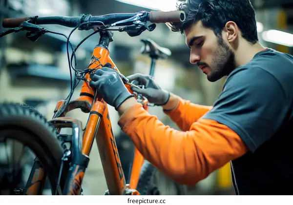 Man Repairing Mountain Bike in Workshop