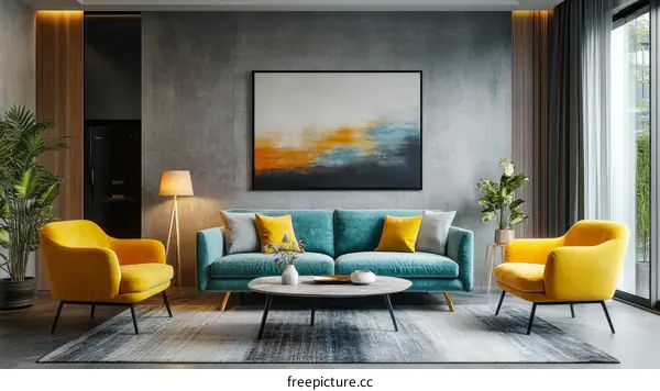 Modern Living Room Interior Design with Teal and Mustard Colors