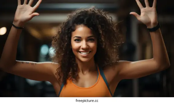 Portrait of a young woman with curly hair smiling and raising her hands