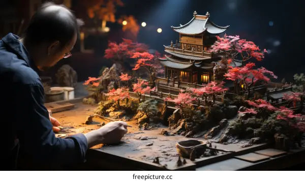 A craftsman is making a miniature model of a traditional Chinese courtyard house
