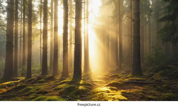 Golden Sunrise in a Misty Forest