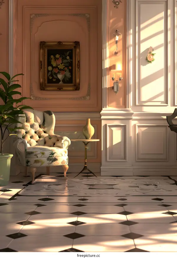 Elegant Living Room Interior Design with Floral Accent Chair and Sunbeams