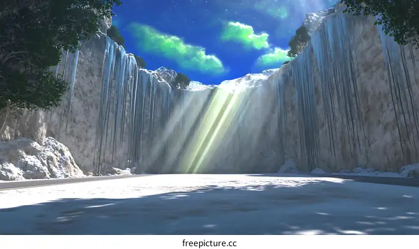 Winter Scene with Icicles on Cliffs and a Road Leading into the Distance