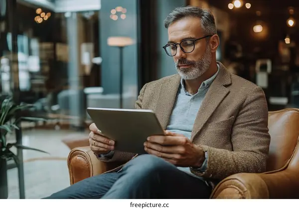 Caucasian Man Reading Tablet in a Modern Cafe