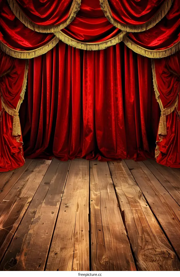 Red Stage Curtains with Wooden Floor Background