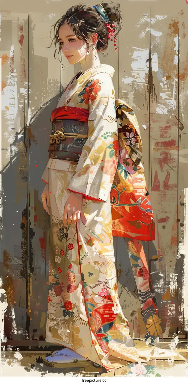 An elegant woman in a kimono stands in front of a wall.