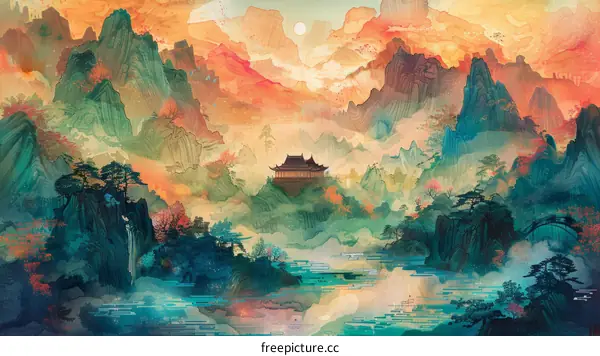 An illustration of a Chinese landscape painting with a pavilion in the center, surrounded by mountains and trees.