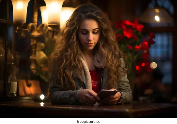 Young woman looking at her phone in a dimly lit bar