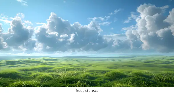 Green rolling hills under blue sky with white clouds