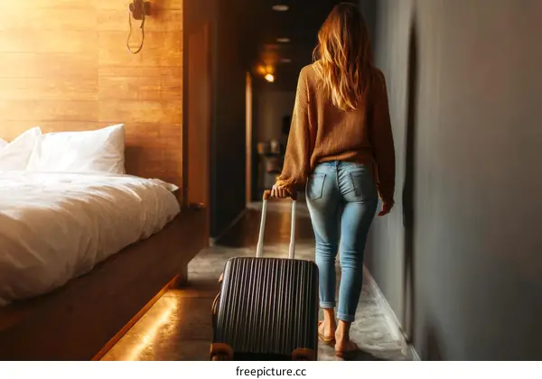 Woman with luggage in a hotel room hallway