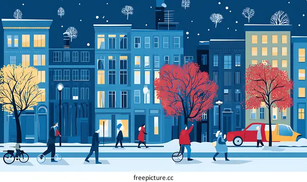 Snowy Night Cityscape with People Walking