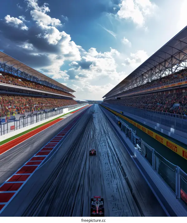 Formula One cars racing down a track