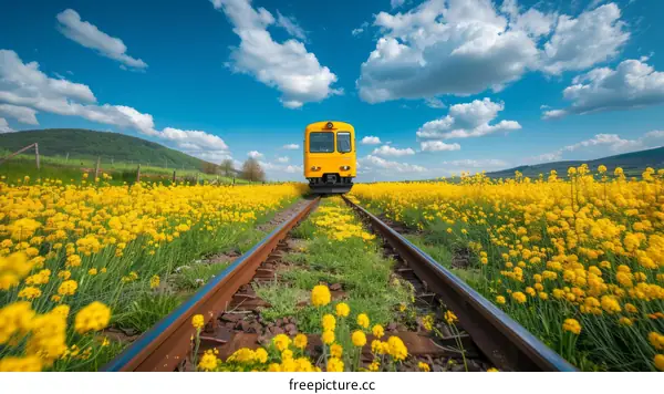 Yellow train passing through a field of yellow flowers