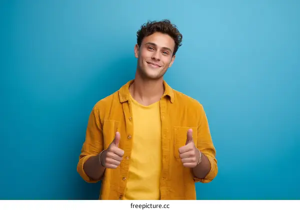 Smiling Caucasian Man Showing Thumbs Up Against Blue Background