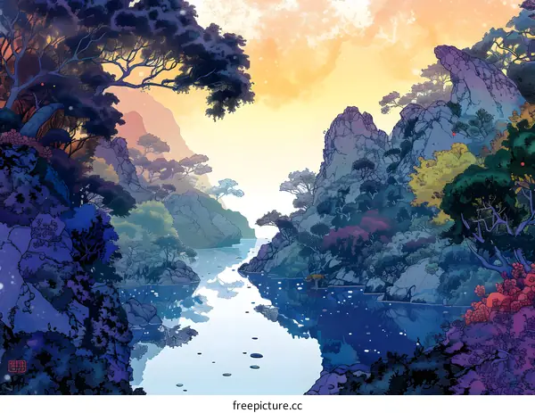 fantasy landscape with river and mountains