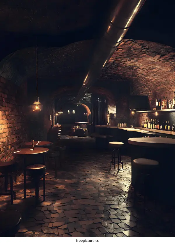 Dark Brick Basement Bar With Stone Floor and Bar Seating