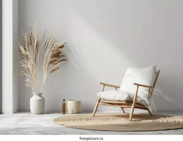 Modern interior design of living room with armchair, carpet, decoration and vase with dry plants