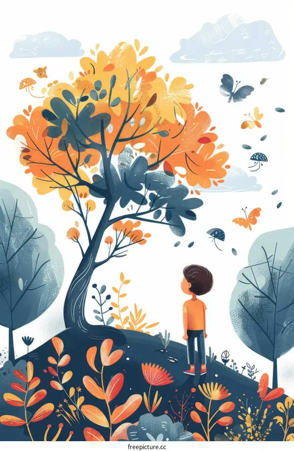A boy looking at a tree with colorful leaves