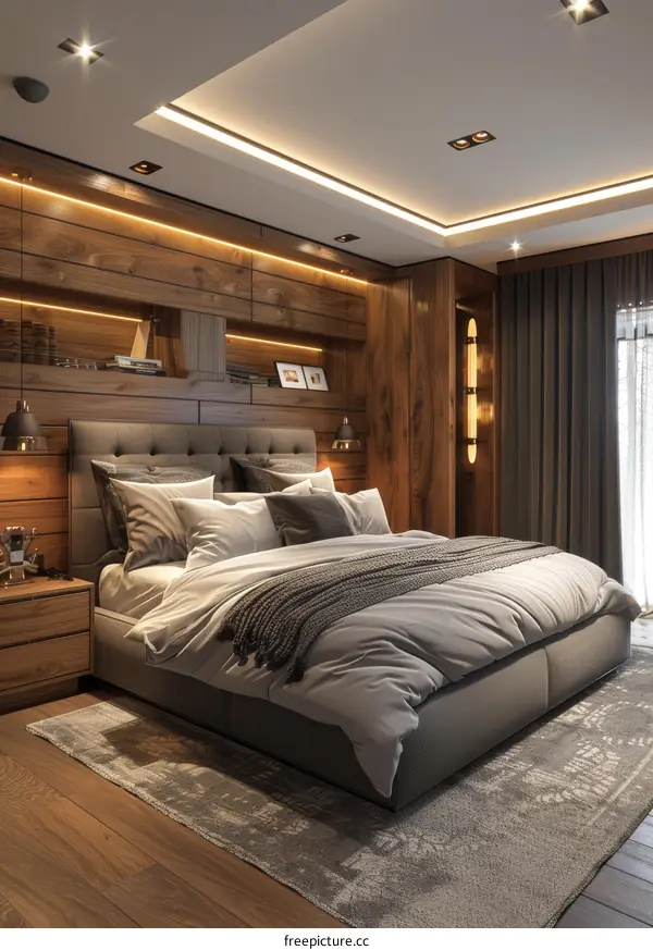 Modern Bedroom Interior Design with Wooden Walls and Recessed Lighting