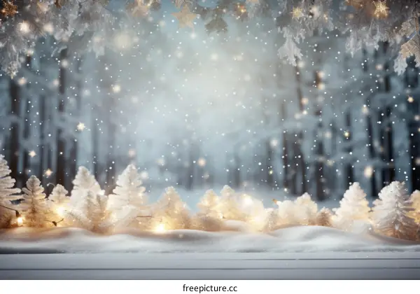 Christmas background with a snowy forest and twinkling lights