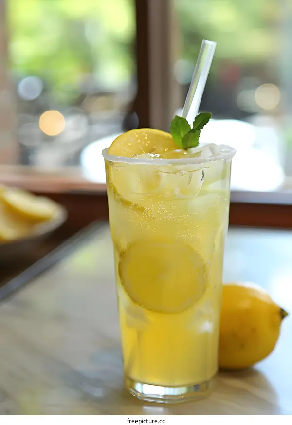 Refreshing Summer Lemonade Drink with Lemon Slice and Mint
