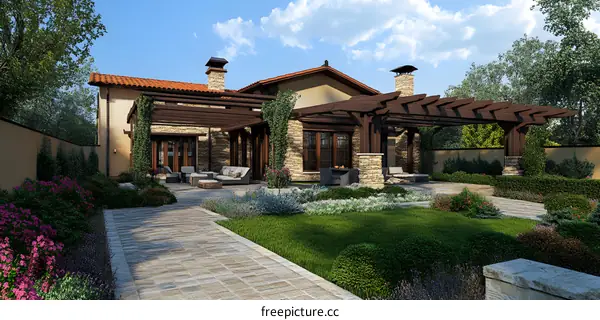 Backyard Patio with Pergola and Stone Wall