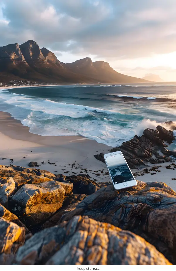Smartphone On Rock With Mountain Range And Ocean View