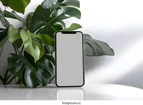 Smartphone Mockup with Green Leaves on White Background