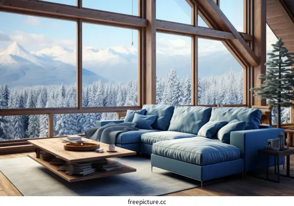 Modern house interior living room with large windows and mountain view