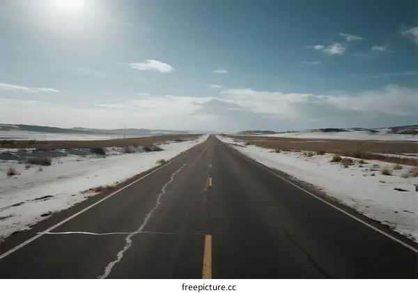 A long straight road stretching through a snowy and open landscape under a clear sky