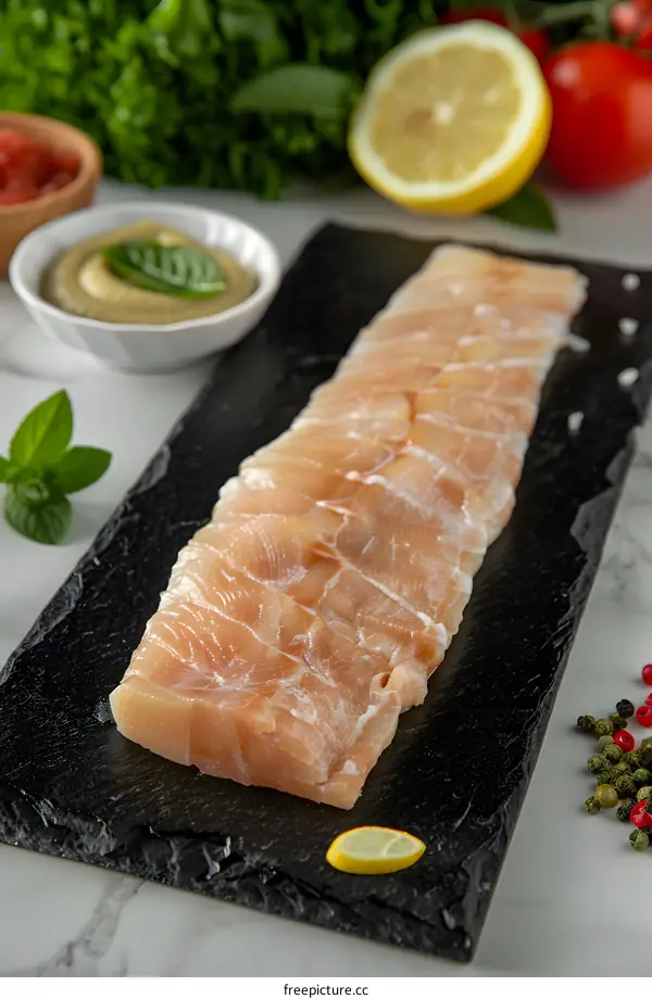 Raw Fish Fillet on Black Slate