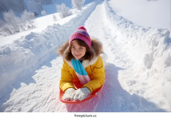 Happy Young Girl Sledding Down Snow Covered Hill