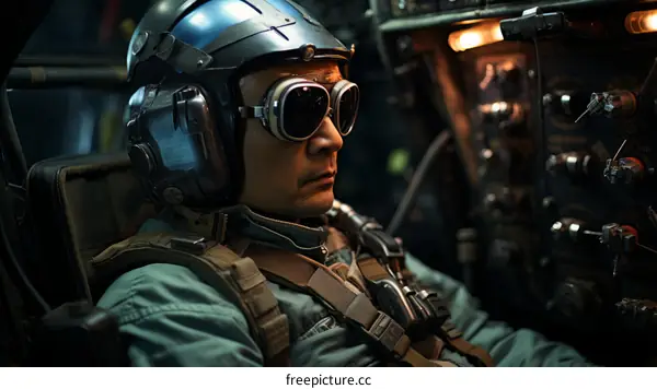 Portrait of a male pilot wearing a helmet and goggles sitting in a cockpit
