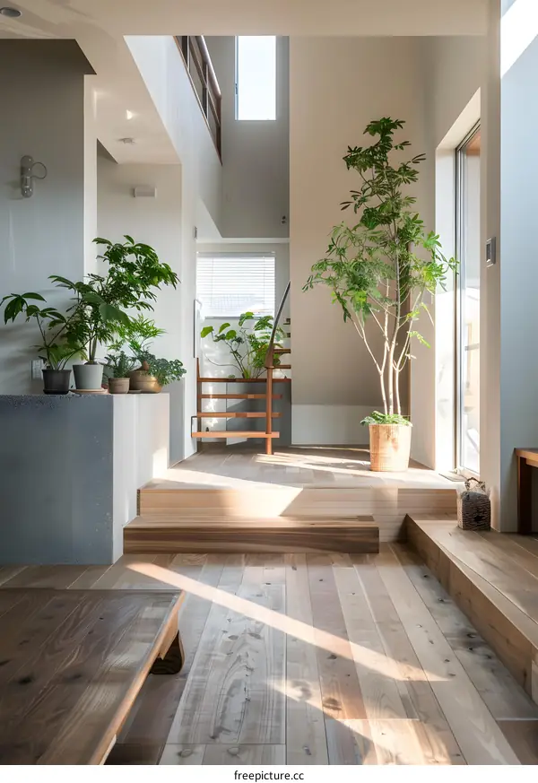 Modern Japanese Home Interior With Wooden Floor and Plants