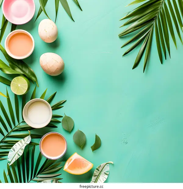 Tropical Summer Flat Lay with Palm Leaves, Fruit and Eggs