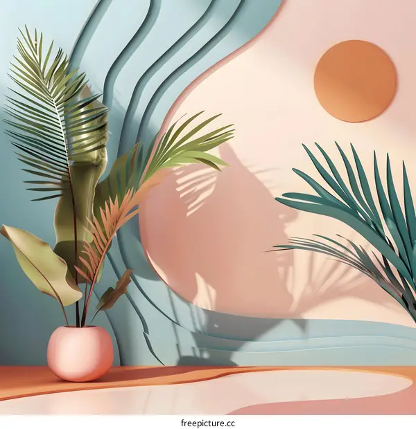 Tropical Plant with Blue and Pink Abstract Background