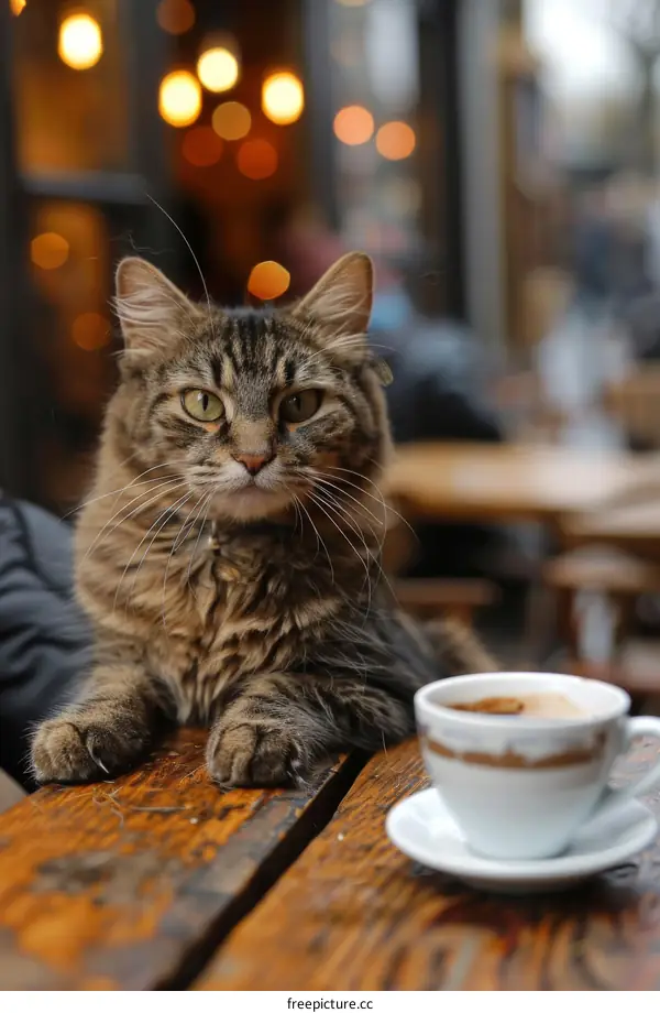 A ginger cat sitting on a table in a cafe