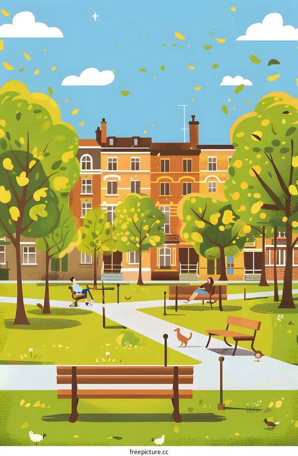 Illustrated Scene of a Park with People Relaxing on Benches