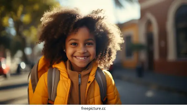 Portrait of a smiling African-American school girl with curly hair wearing a yellow jacket and backpack