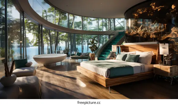 Modern house interior with large curved glass windows overlooking a lake and forest