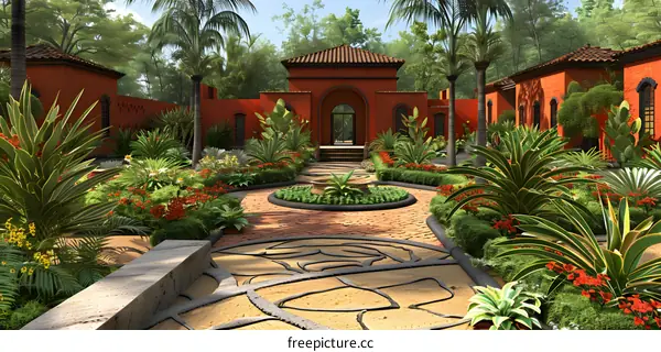 Tropical Garden With Red Buildings And Palm Trees