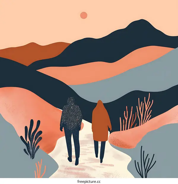 Couple Walking through Mountain Landscape Illustration