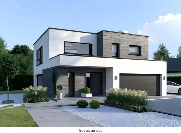 Modern House Exterior Design with Grey Brick and White Walls