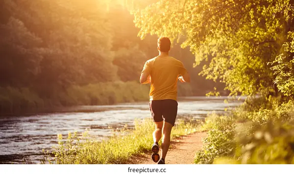 Man Running on a Trail by the River in Sunset