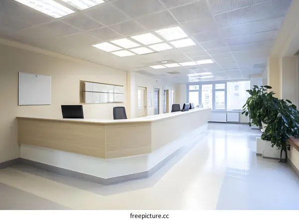Modern Interior Design Of A Hospital Reception Area With Wooden Counter