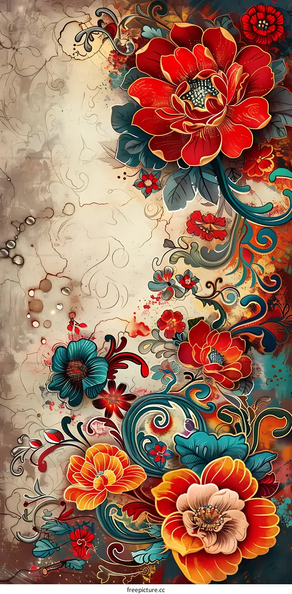 Vintage Floral Pattern Design With Red Flowers