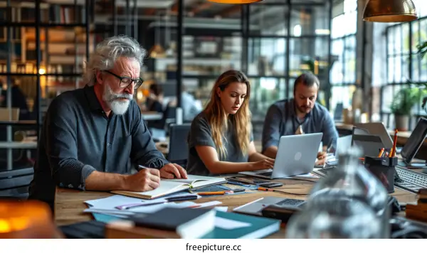 Focused multiethnic business team working together in a modern office space