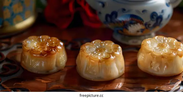 Close up of three mooncakes on a wooden tray