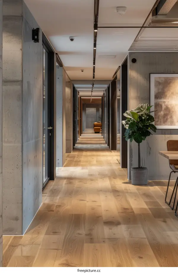 Modern Industrial Office Hallway with Concrete Walls and Wood Flooring