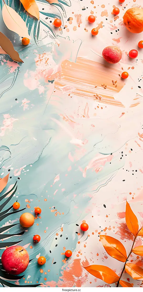 Abstract Background With Orange Leaves, Fruit, and Paint Splashes
